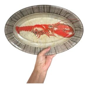 Vintage John Derian Decoupage Lobster Oval Glass Plate Tray - Faux Wood Rim 14"